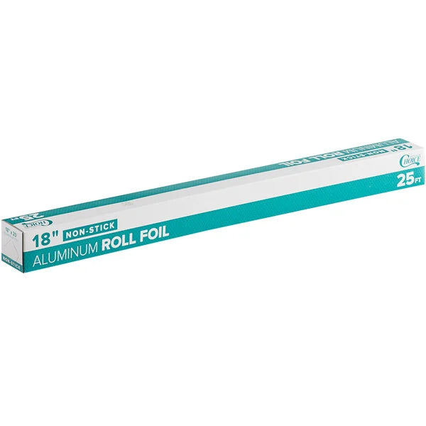 Non-Stick Aluminum Foil Roll 18" x 25' packaging image for cooking and grilling.
