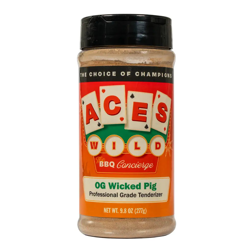 Aces Wild Wicked Pig Marinade jar, a professional-grade meat tenderizer for juicy, flavorful dishes.