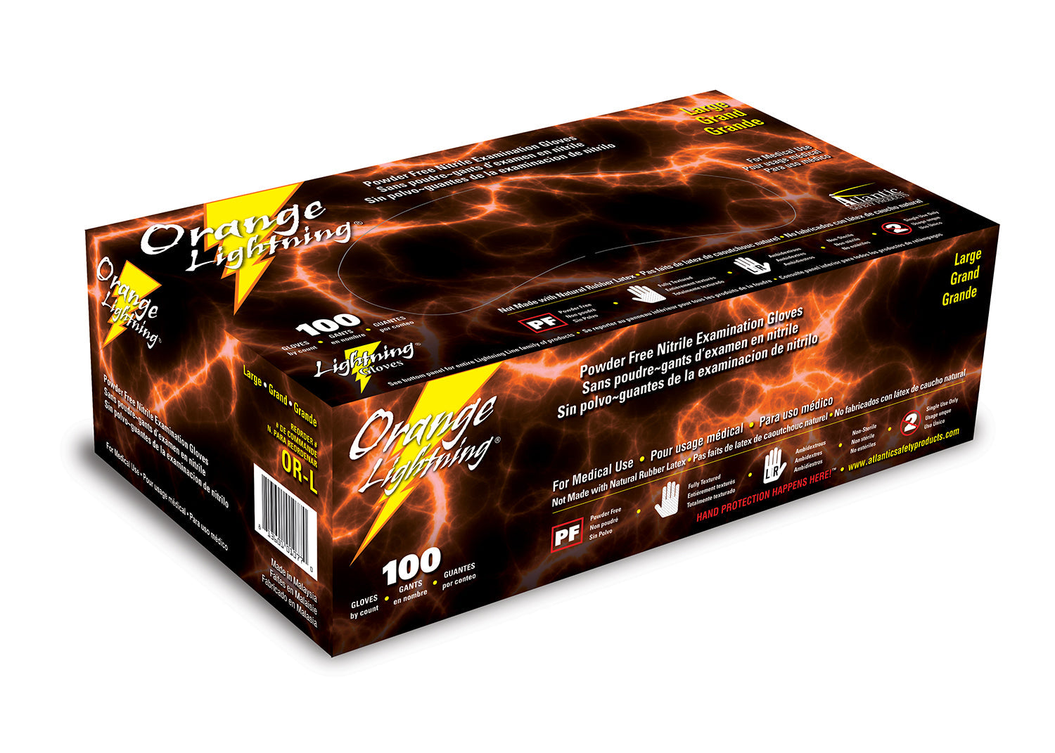 Packaging of Orange Lightning Nitrile Gloves, highlighting the protection and comfort of orange nitrile gloves.
