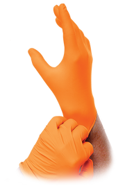 Person wearing orange nitrile gloves, preparing for work with essential barrier protection.