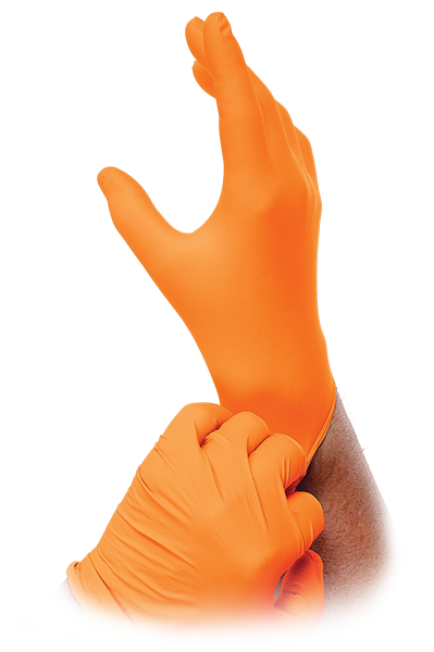 Person wearing orange nitrile gloves, preparing for work with essential barrier protection.