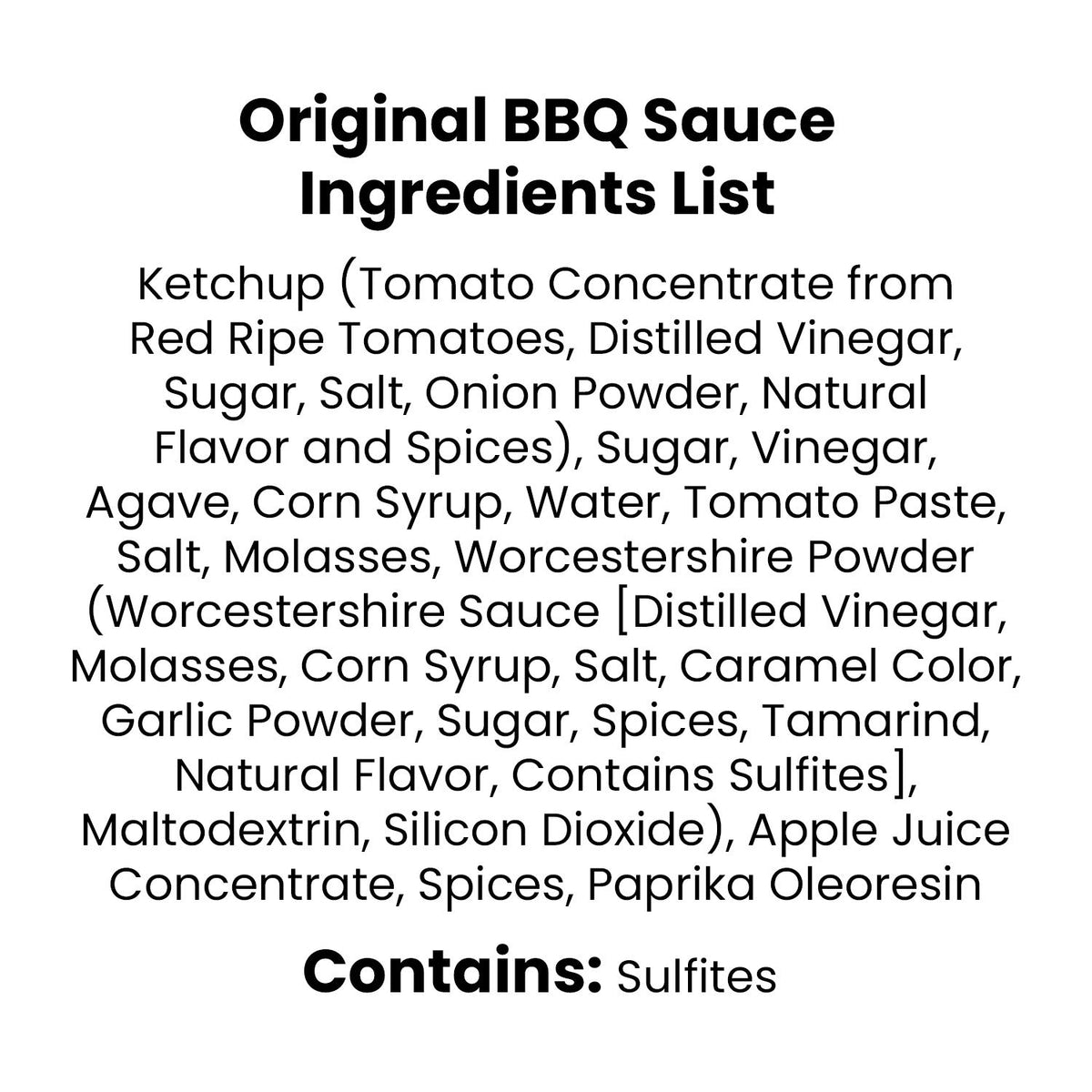 Ingredients list for Original BBQ Sauce including ketchup, vinegar, spices, and more.