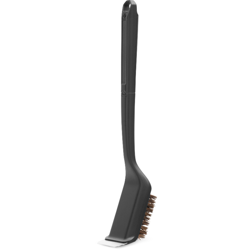 Natural bristle grill brush with Palmyra bristles and stainless steel scraper for effective grill cleaning.
