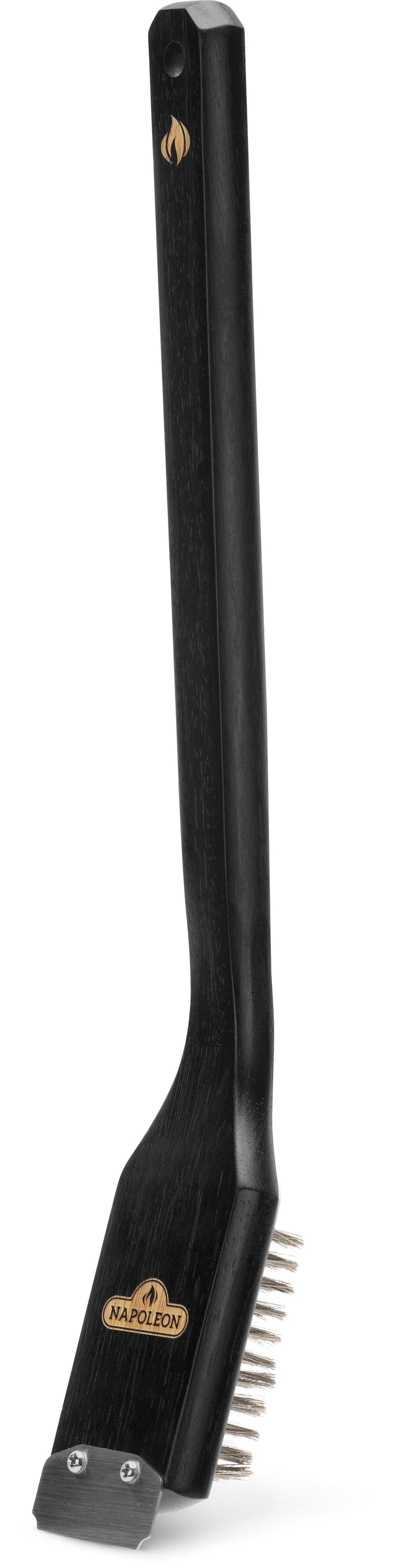 Napoleon stainless steel grill brush with scraper and wood handle for heavy-duty BBQ cleaning.