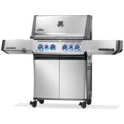 A stainless steel gas grill with a side burner, four front control knobs with blue LED lighting, and a lower storage cabinet on wheels, shown on a plain white background.