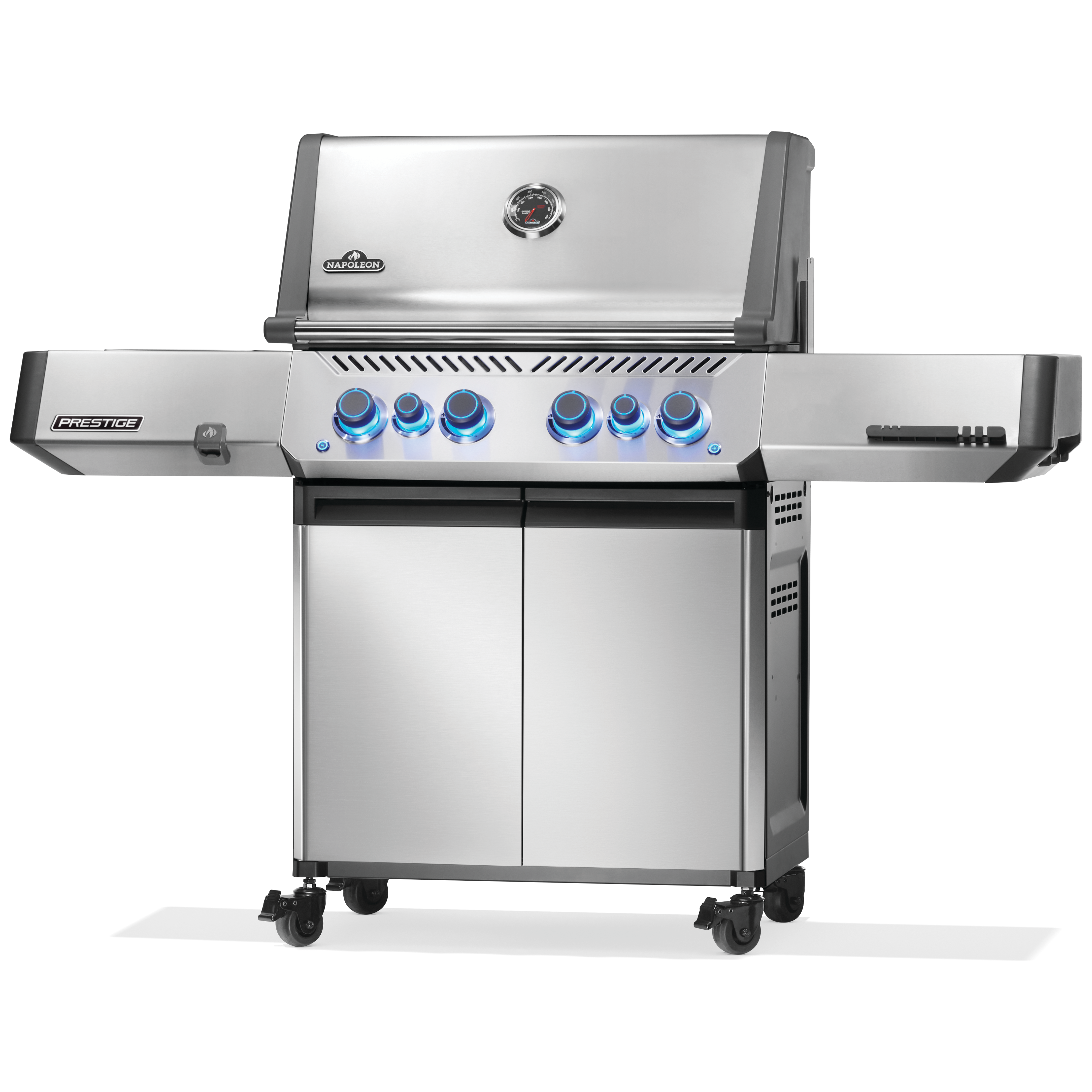 A stainless steel gas grill with a side burner, four front control knobs with blue LED lighting, and a lower storage cabinet on wheels, shown on a plain white background.