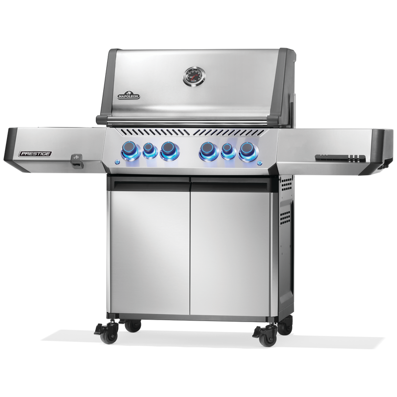 A stainless steel gas grill with a side burner, four front control knobs with blue LED lighting, and a lower storage cabinet on wheels, shown on a plain white background.