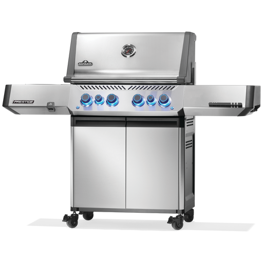 A stainless steel gas grill with a side burner, four front control knobs with blue LED lighting, and a lower storage cabinet on wheels, shown on a plain white background.