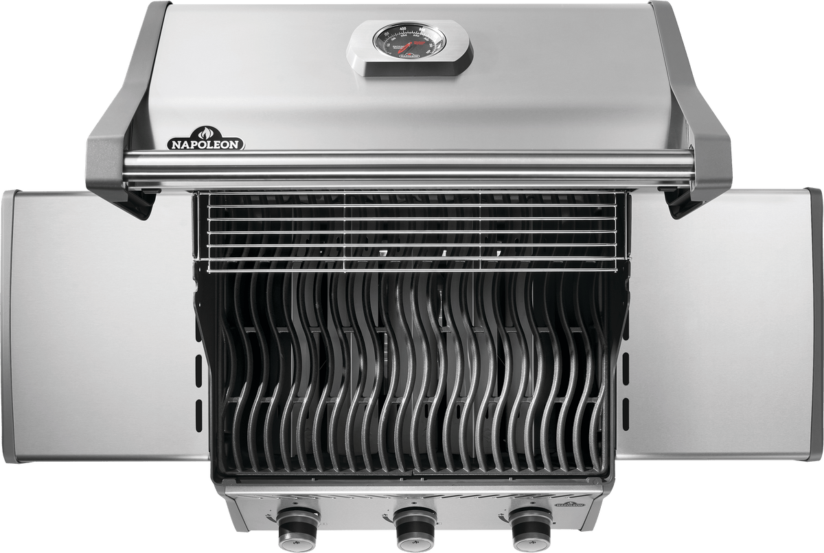 Napoleon Rogue 425 gas grill with stainless steel exterior and spacious cooking area for optimal grilling performance.