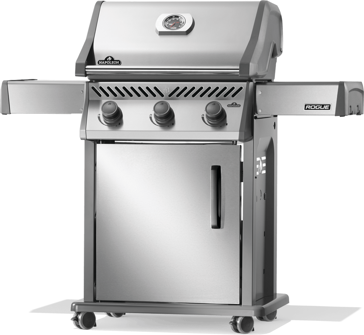 Napoleon Rogue 425 gas grill with three burners and stainless steel finish.