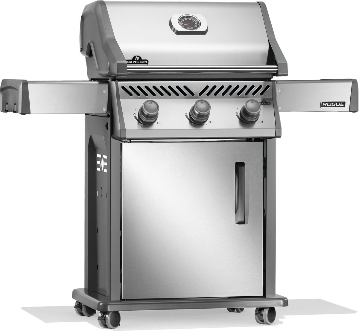 Napoleon Rogue 425 gas grill front view, featuring stainless steel design and three burners.