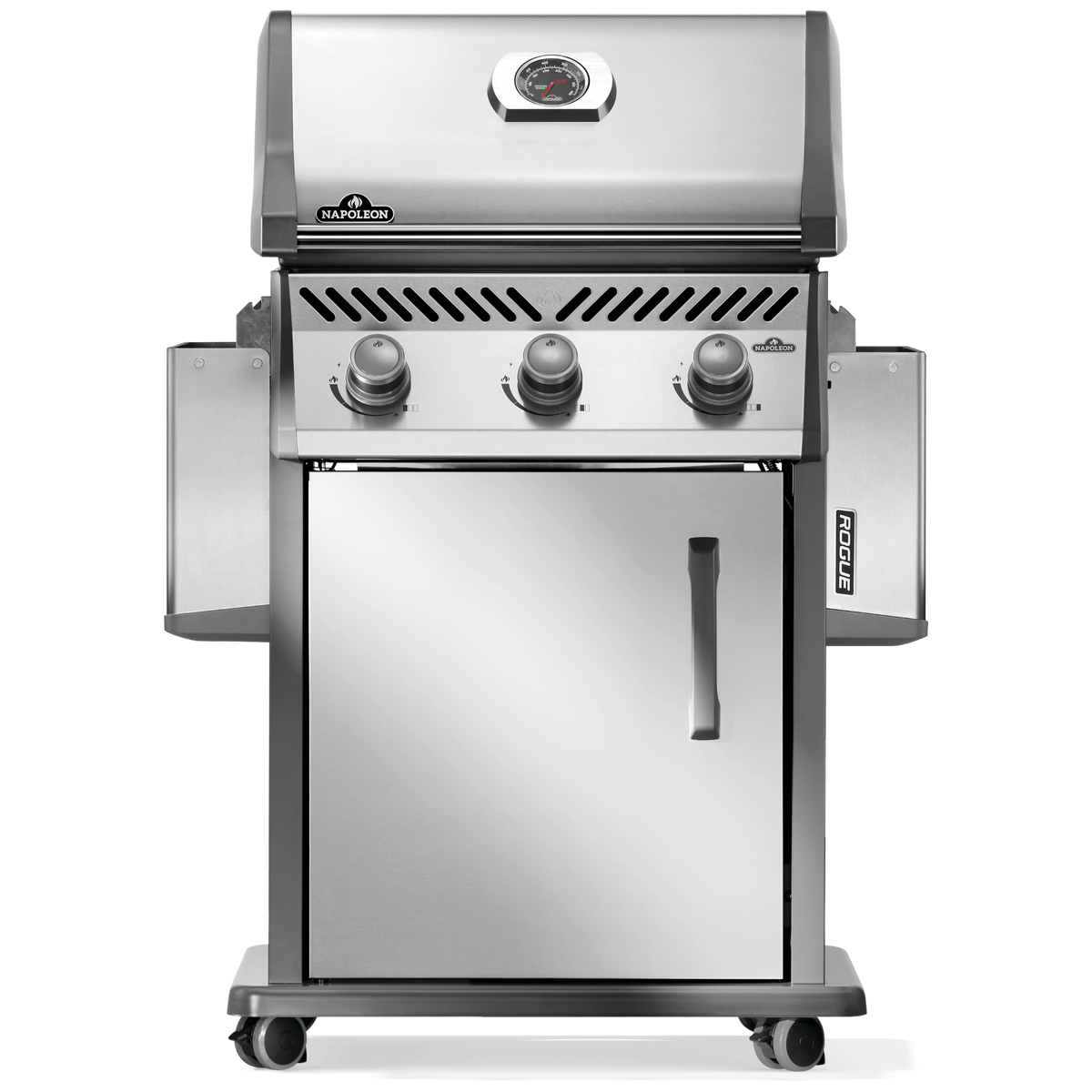 Napoleon Rogue 425 gas grill with three burners in stainless steel finish, designed for barbecue enthusiasts.