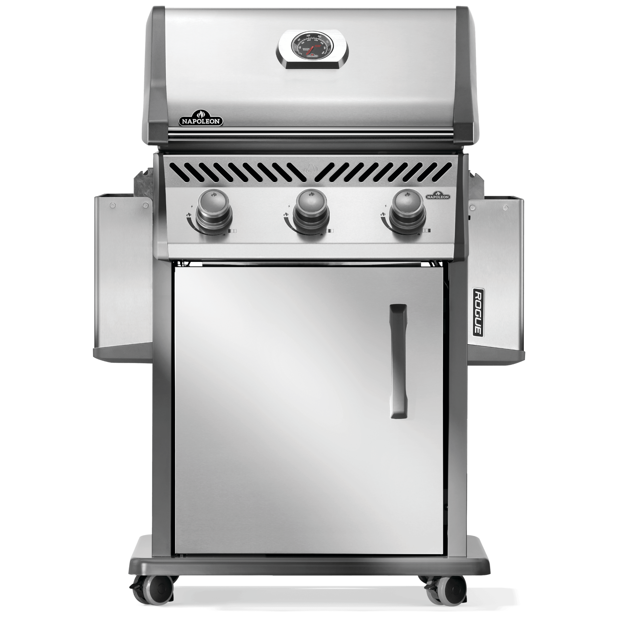 Napoleon Rogue 425 gas grill with three burners in stainless steel finish, designed for barbecue enthusiasts.