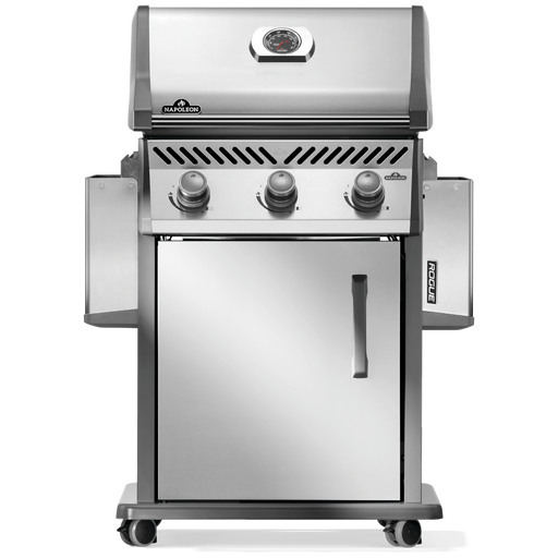 Napoleon Rogue 425 gas grill with three burners in stainless steel finish, designed for barbecue enthusiasts.