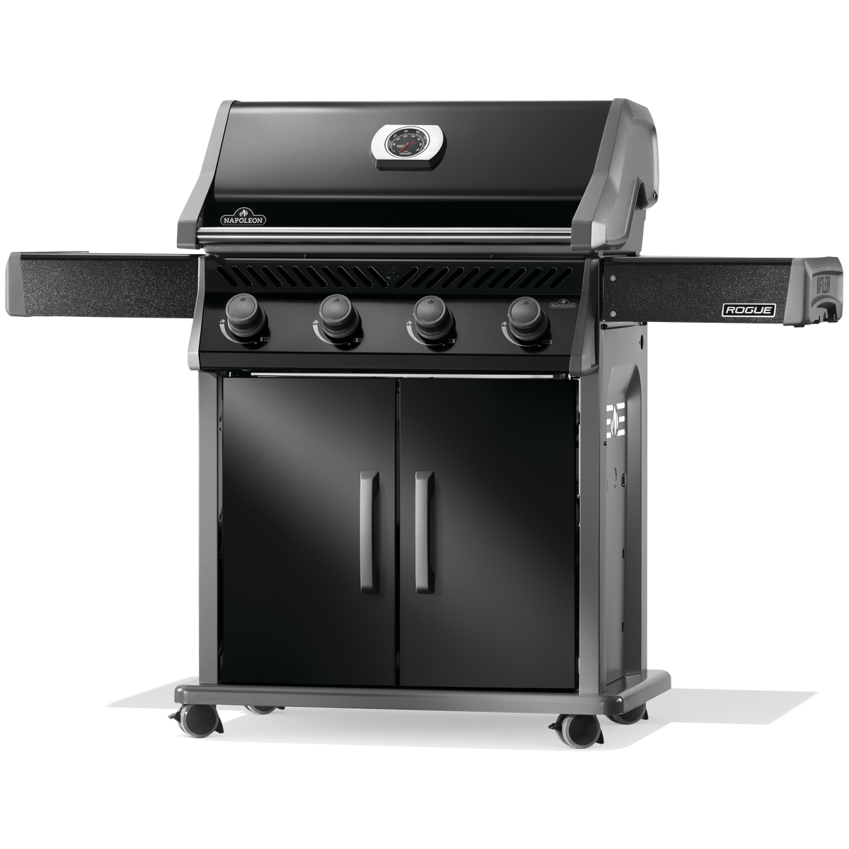 Napoleon Rogue 525 gas grill in sleek black design with four burners and storage cabinets.
