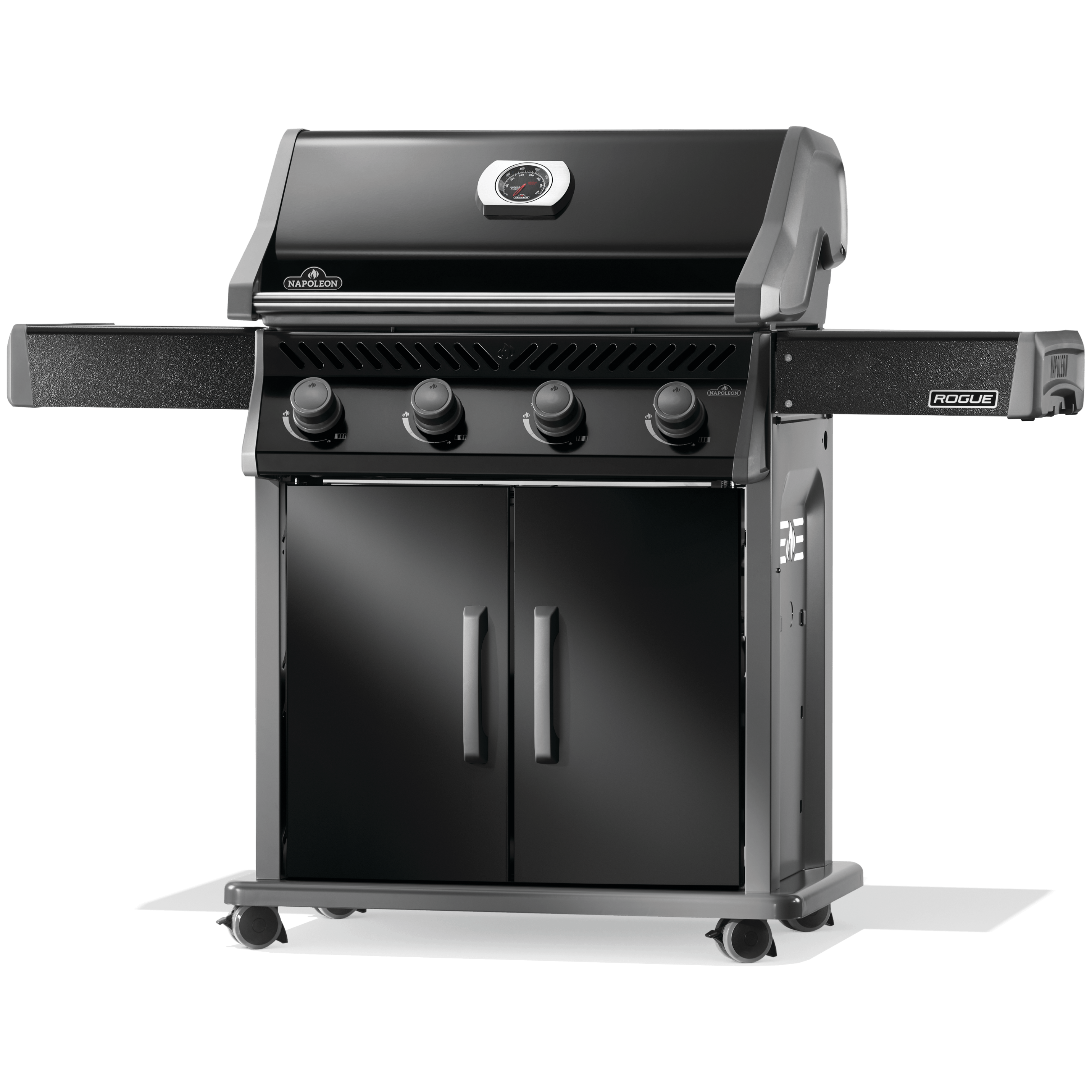 Napoleon Rogue 525 gas grill in sleek black design with four burners and storage cabinets.