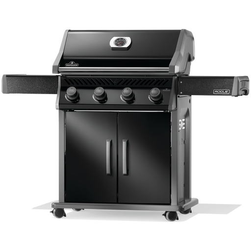Napoleon Rogue 525 gas grill in sleek black design with four burners and storage cabinets.