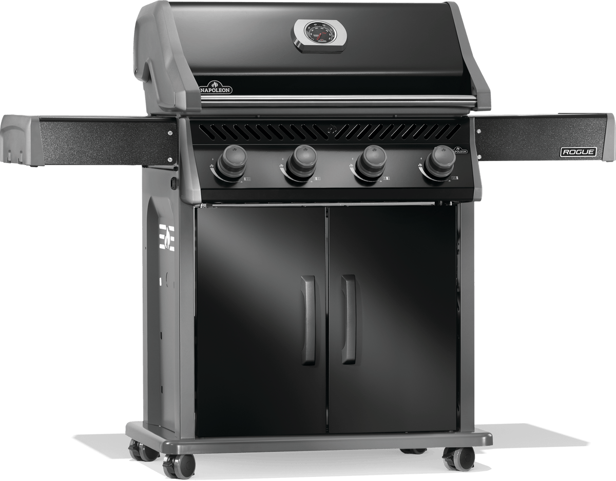 Napoleon Rogue 525 gas grill in sleek black design with high-quality cooking grids and sturdy cart.