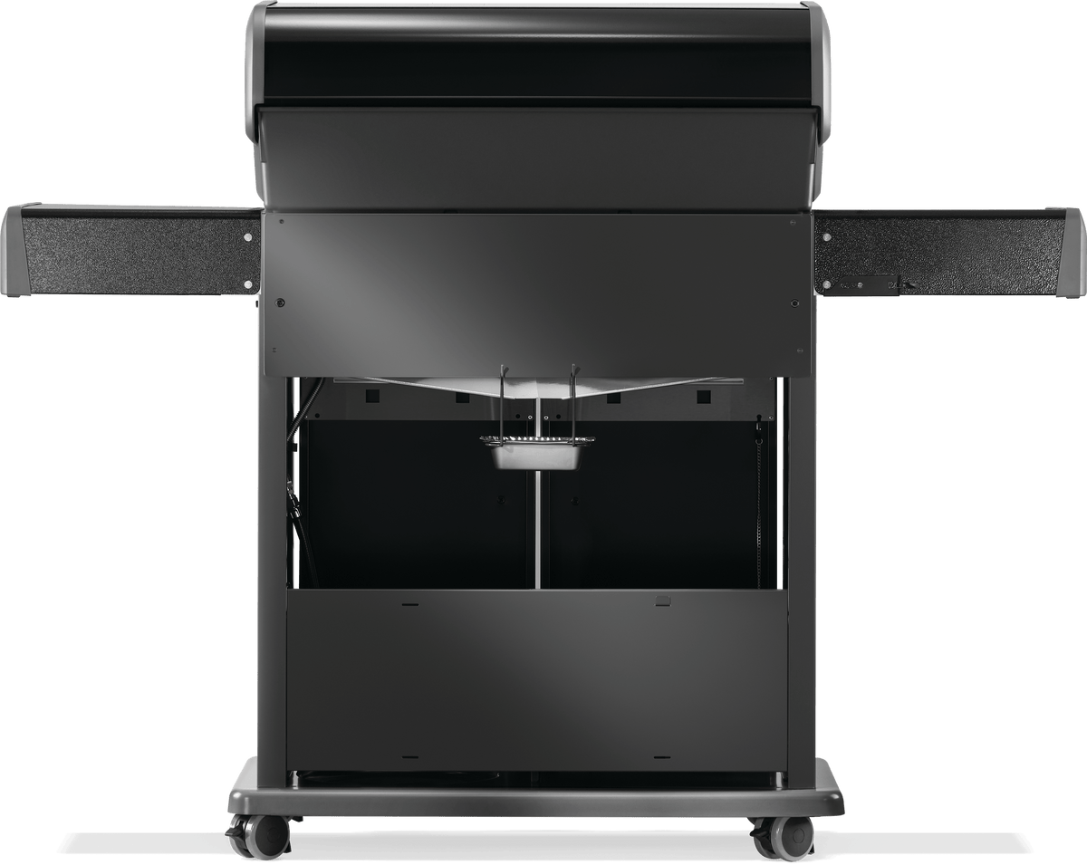 Napoleon Rogue 525 gas grill showcasing sleek black design from the back with side shelves folded down.