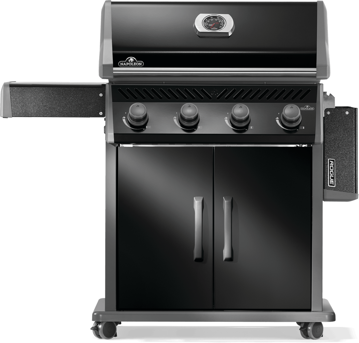 Napoleon Rogue 525 gas grill in sleek black design with four burners and side shelves for outdoor cooking.