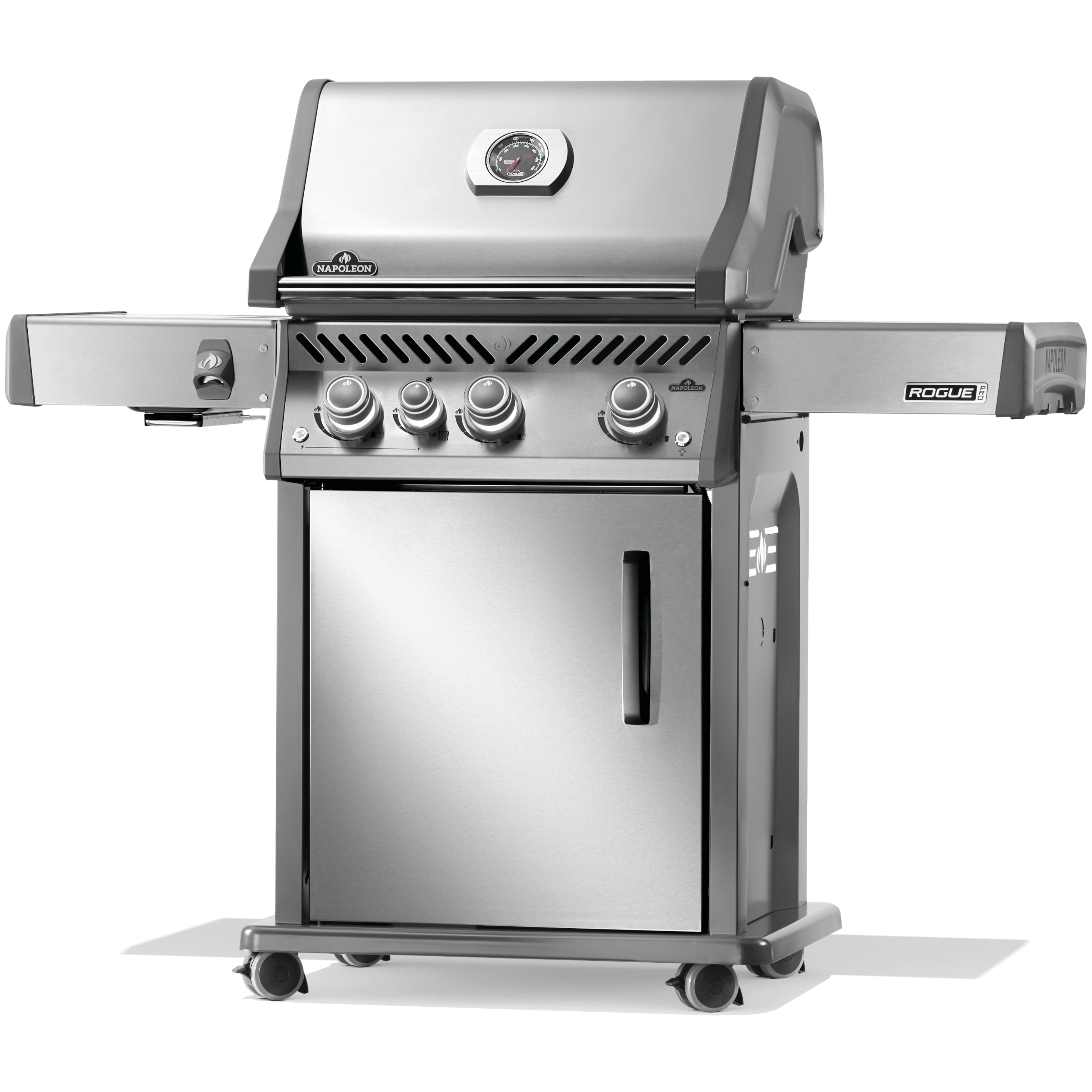 Napoleon stainless steel gas grill with four burners and elegant stainless steel design.