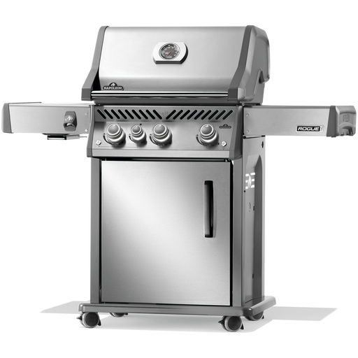 Napoleon stainless steel gas grill with four burners and elegant stainless steel design.