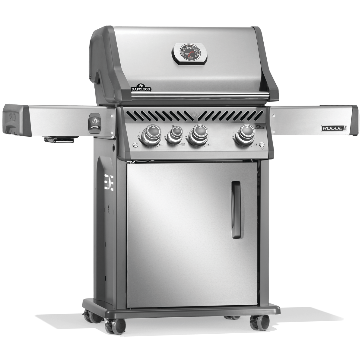 Napoleon stainless steel gas grill, Rogue PRO 425 SIB model with four burners and side shelves, designed for grilling enthusiasts.