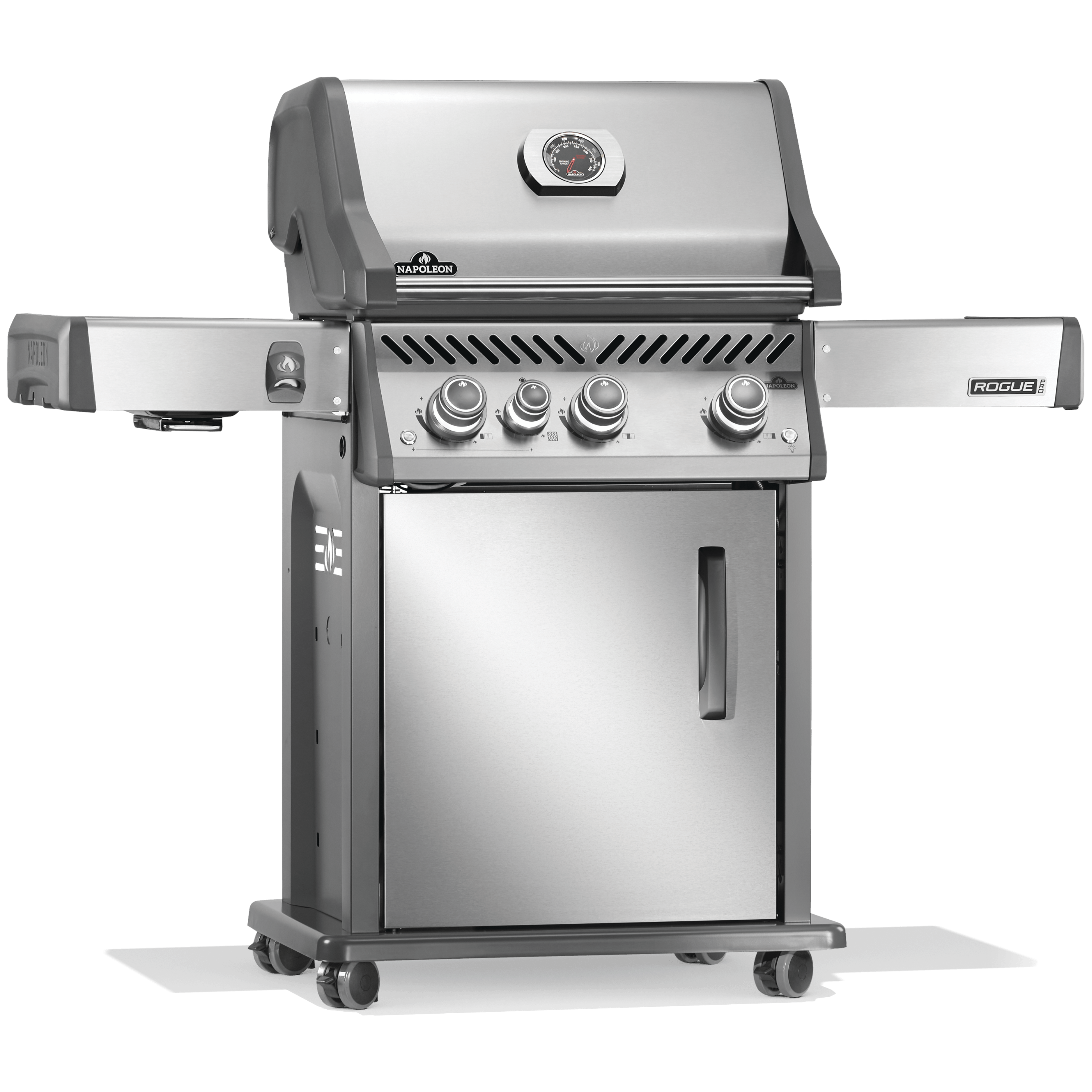 Napoleon stainless steel gas grill, Rogue PRO 425 SIB model with four burners and side shelves, designed for grilling enthusiasts.