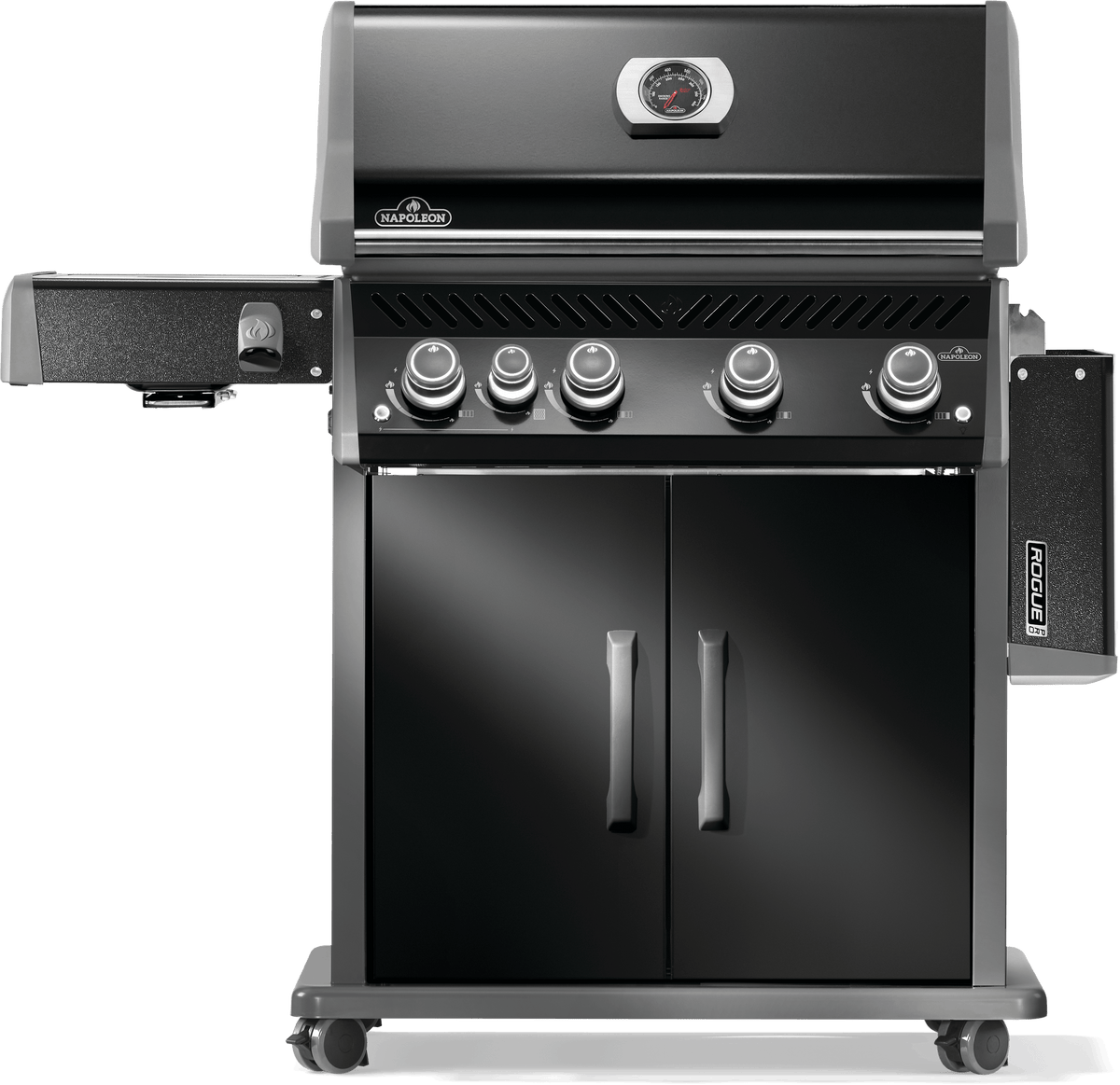 Napoleon Rogue PRO 525 Grill front view with infrared side burner and black finish