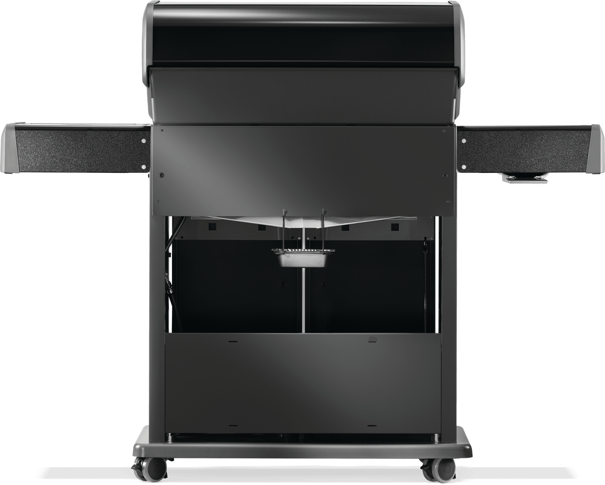Napoleon Rogue PRO 525 Grill showcasing its sleek black design and dual storage shelves.