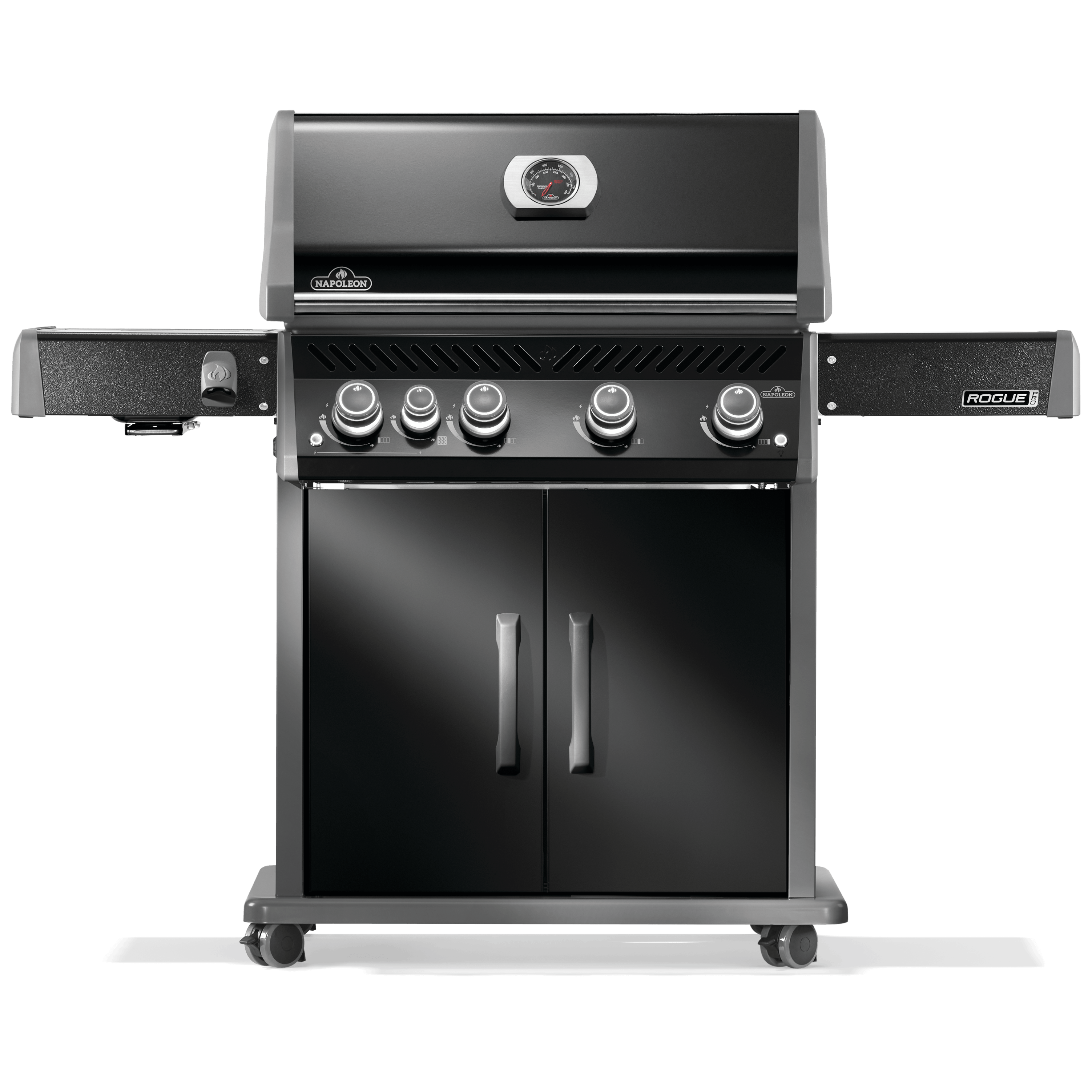 Napoleon Rogue PRO 525 Grill with four burners and infrared side burner in black.