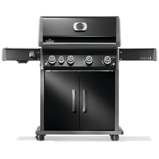 Napoleon Rogue PRO 525 Grill with four burners and infrared side burner in black.