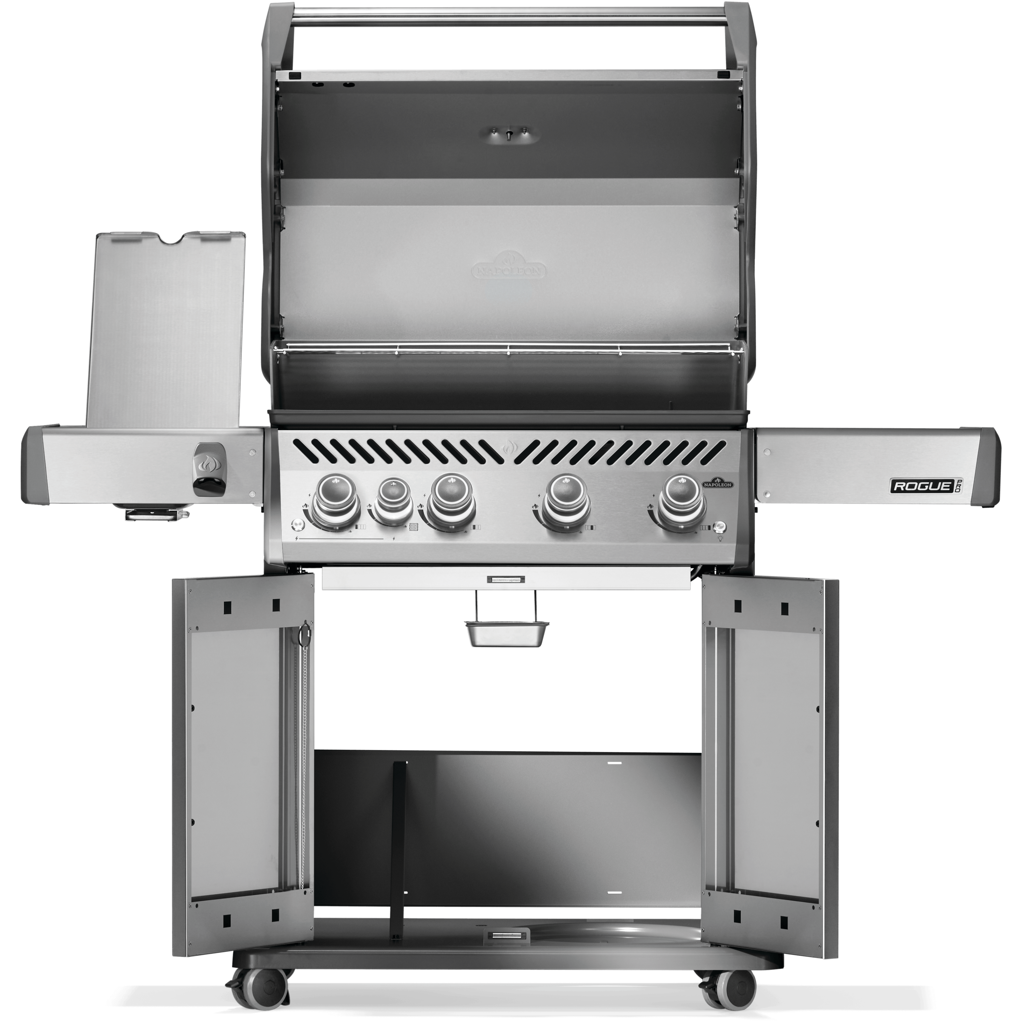 Napoleon stainless steel gas grill with four burners and infrared side burner open for cooking.