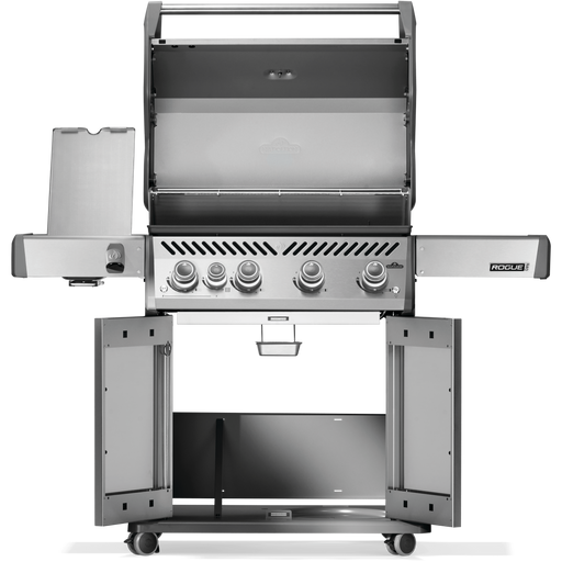 Napoleon stainless steel gas grill with four burners and infrared side burner open for cooking.