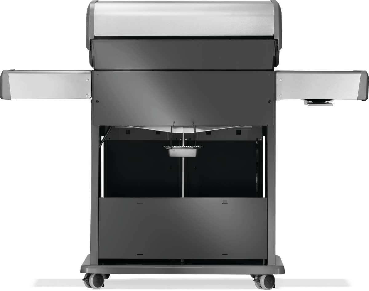 Napoleon stainless steel gas grill with side shelves and storage space, front view.