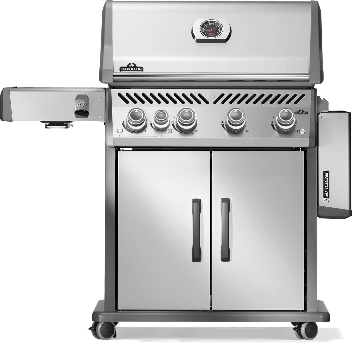 Napoleon stainless steel gas grill with infrared side burner and ample cooking space.