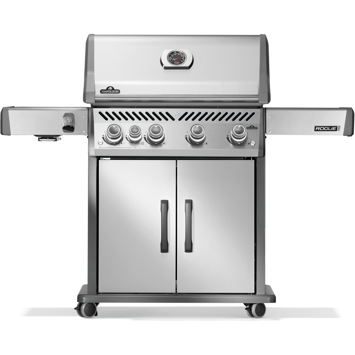 Napoleon stainless steel gas grill with infrared side burner and four burners front view.