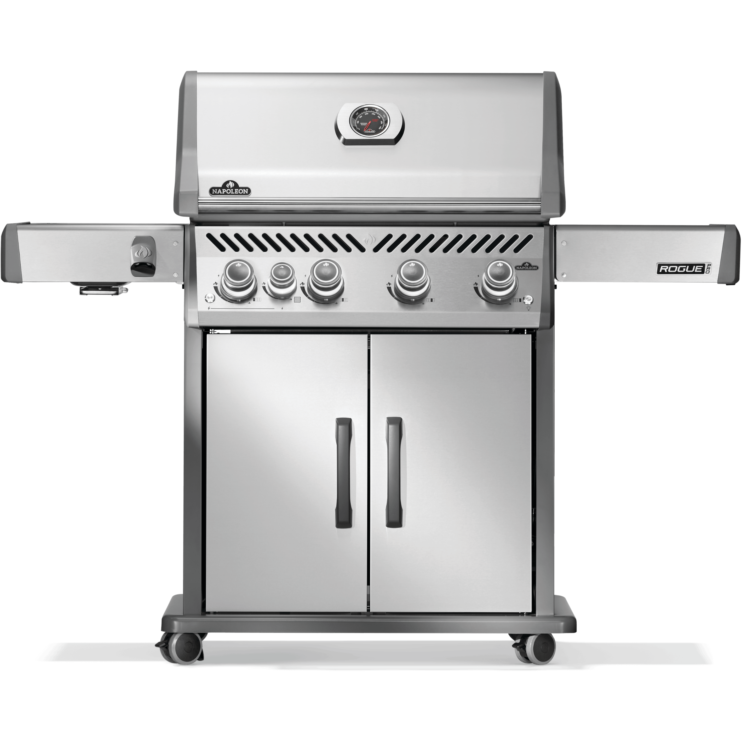 Napoleon stainless steel gas grill with infrared side burner and four burners front view.