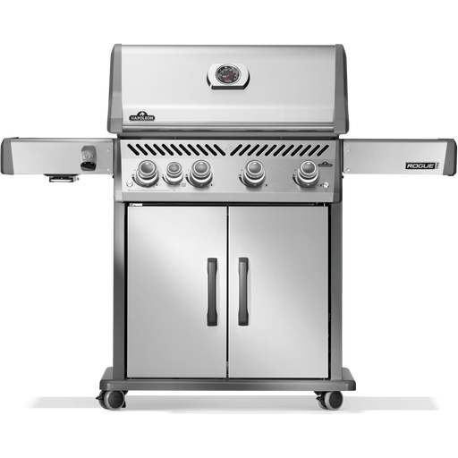Napoleon stainless steel gas grill with infrared side burner and four burners front view.
