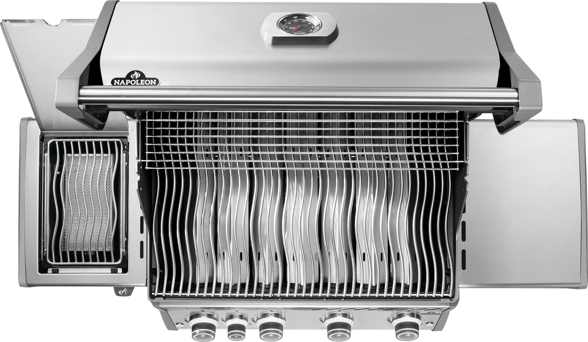 Napoleon stainless steel gas grill with infrared side burner and iconic WAVE cooking grids.