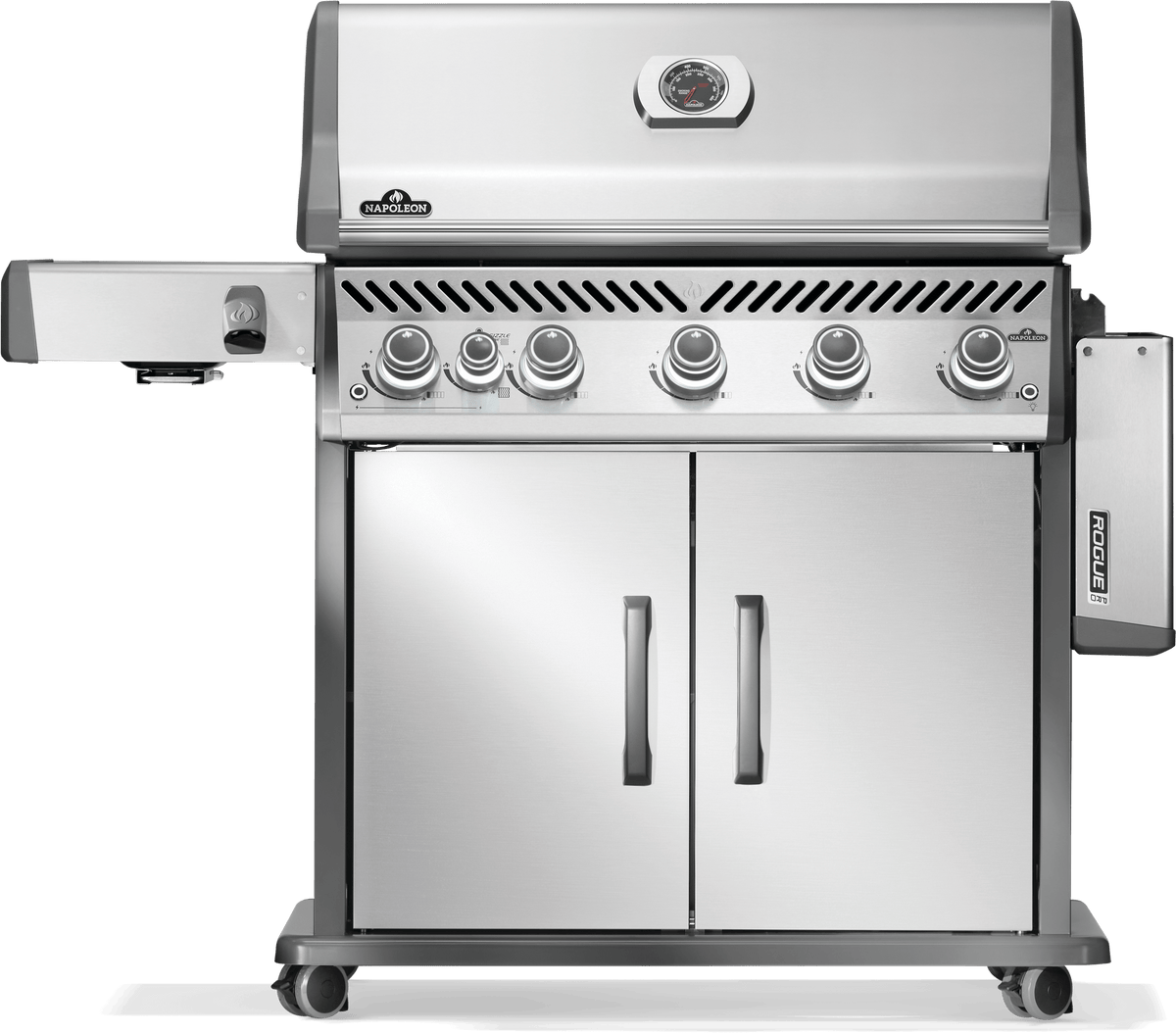 Napoleon Rogue PRO 625 grill with stainless steel finish and six burners, including infrared side burner.