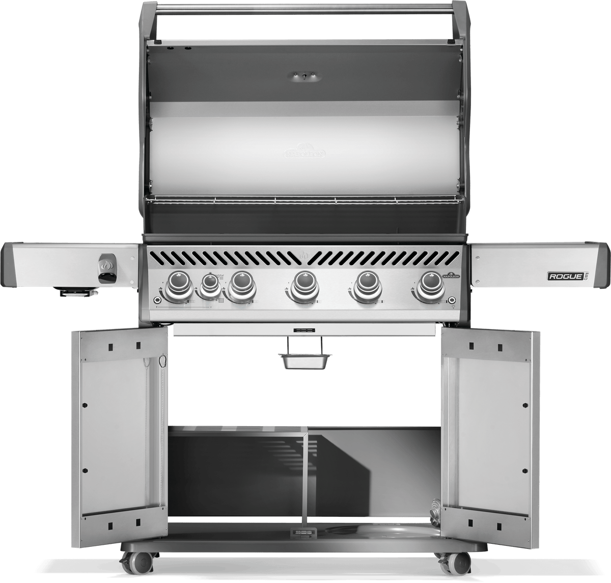 Napoleon Rogue PRO 625 grill front view with open lid and stainless steel finish.