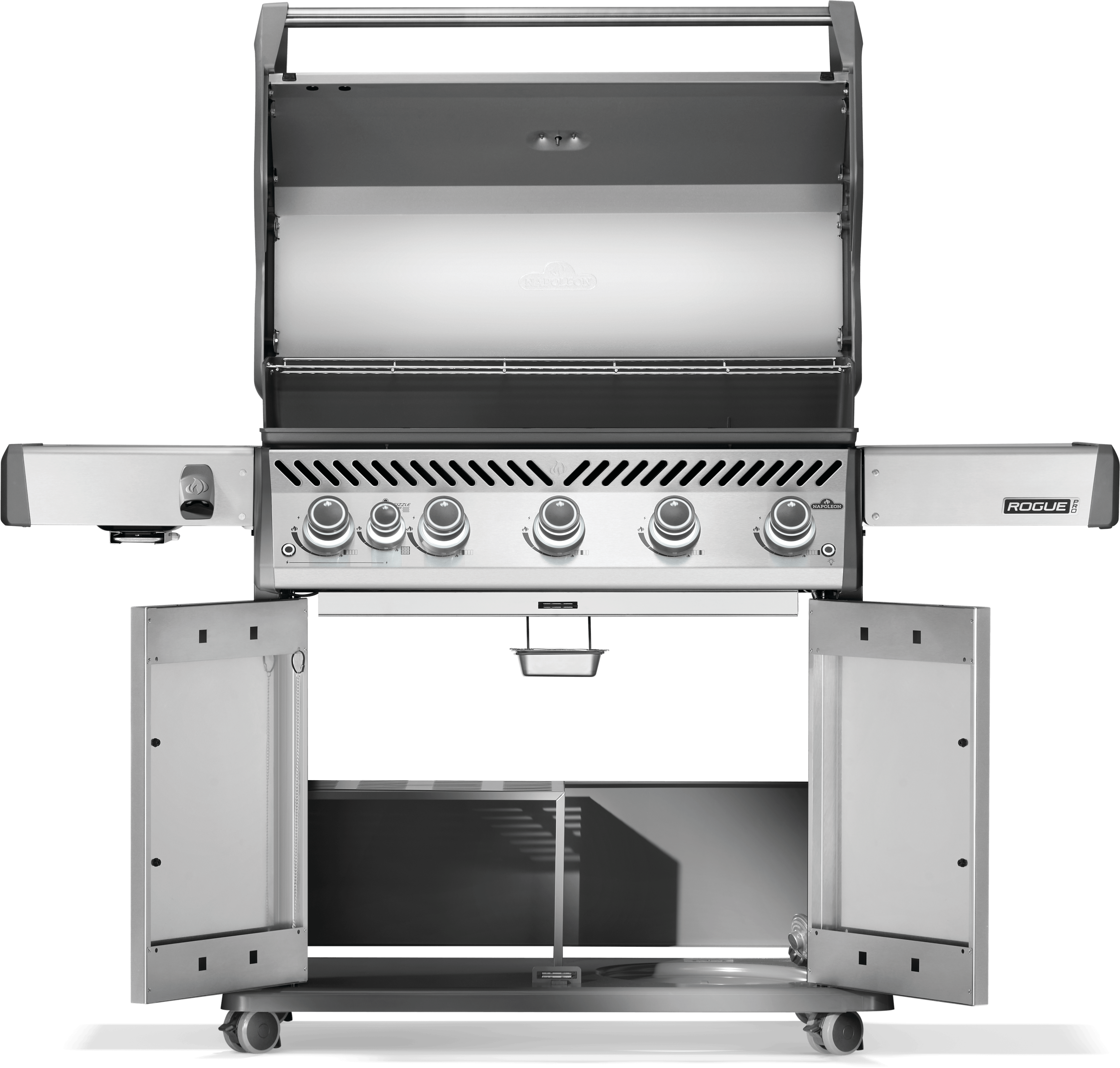 Napoleon Rogue PRO 625 grill front view with open lid and stainless steel finish.