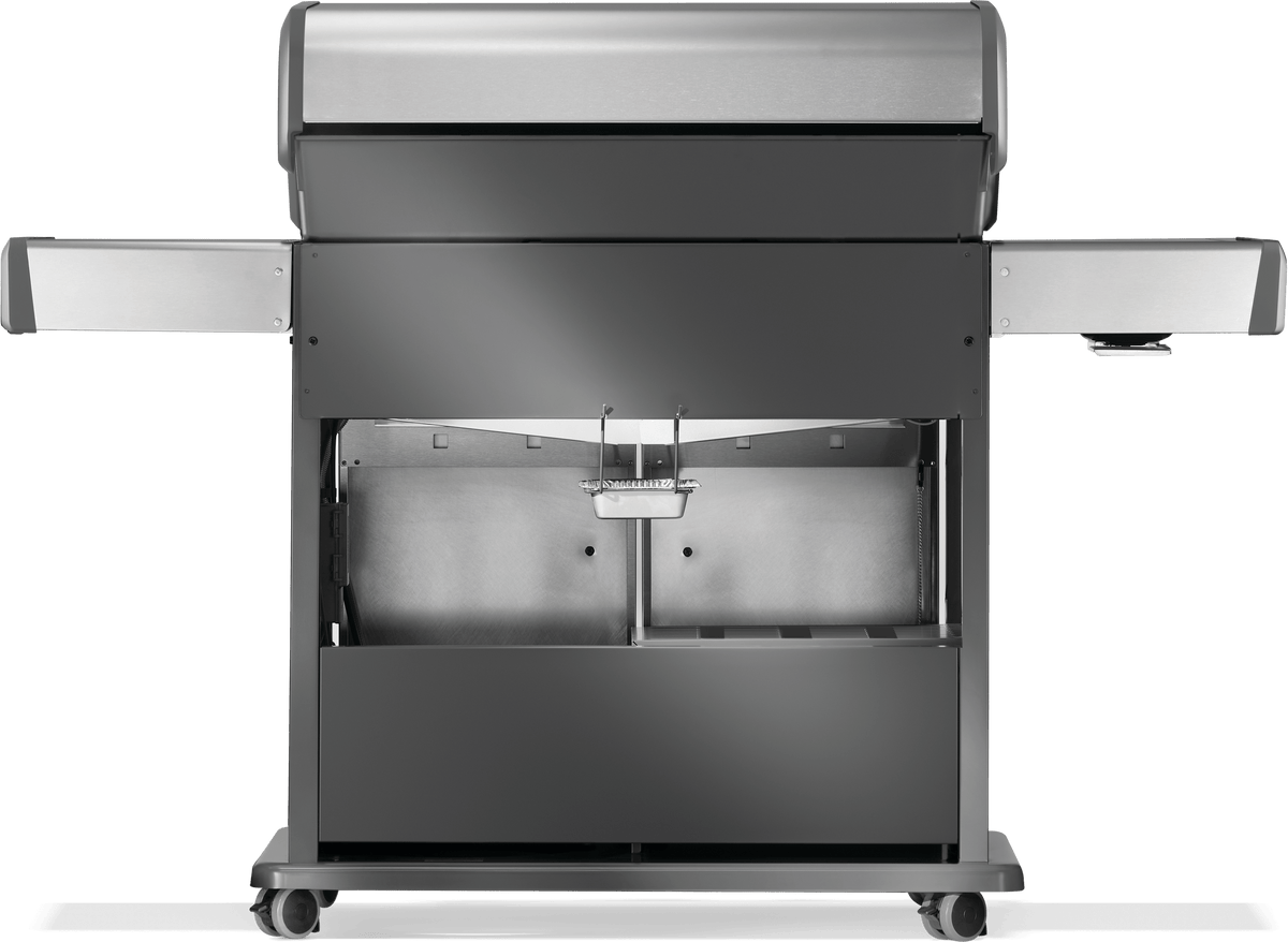 Napoleon Rogue PRO 625 grill front view showcasing stainless steel design and spacious cooking area.
