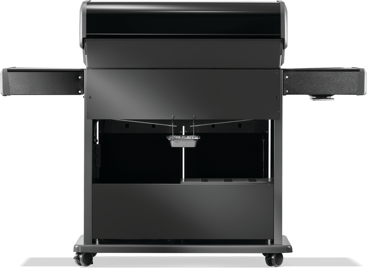 Front view of the Napoleon Rogue PRO 625 grill featuring infrared side burner and spacious cooking area.