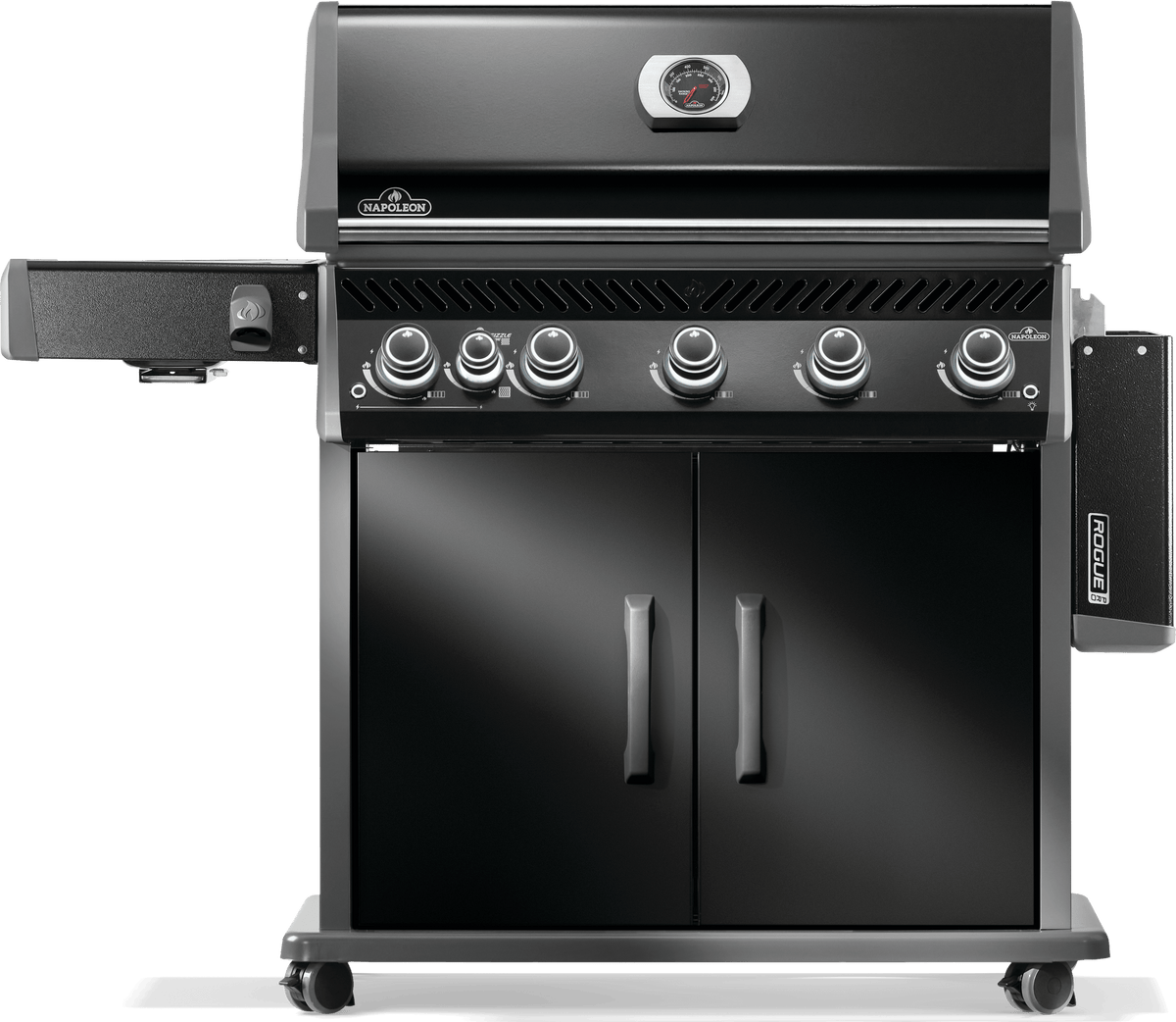 Napoleon Rogue PRO 625 grill front view showcasing burners and side table in black finish.
