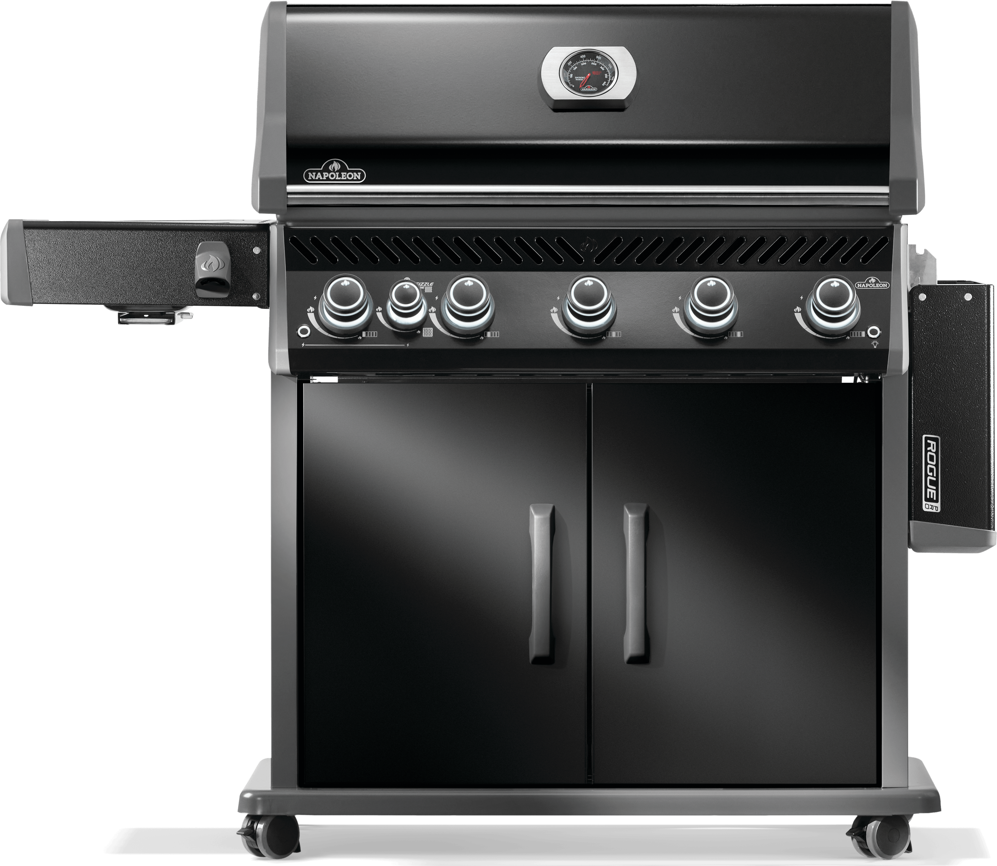 Napoleon Rogue PRO 625 grill front view showcasing burners and side table in black finish.