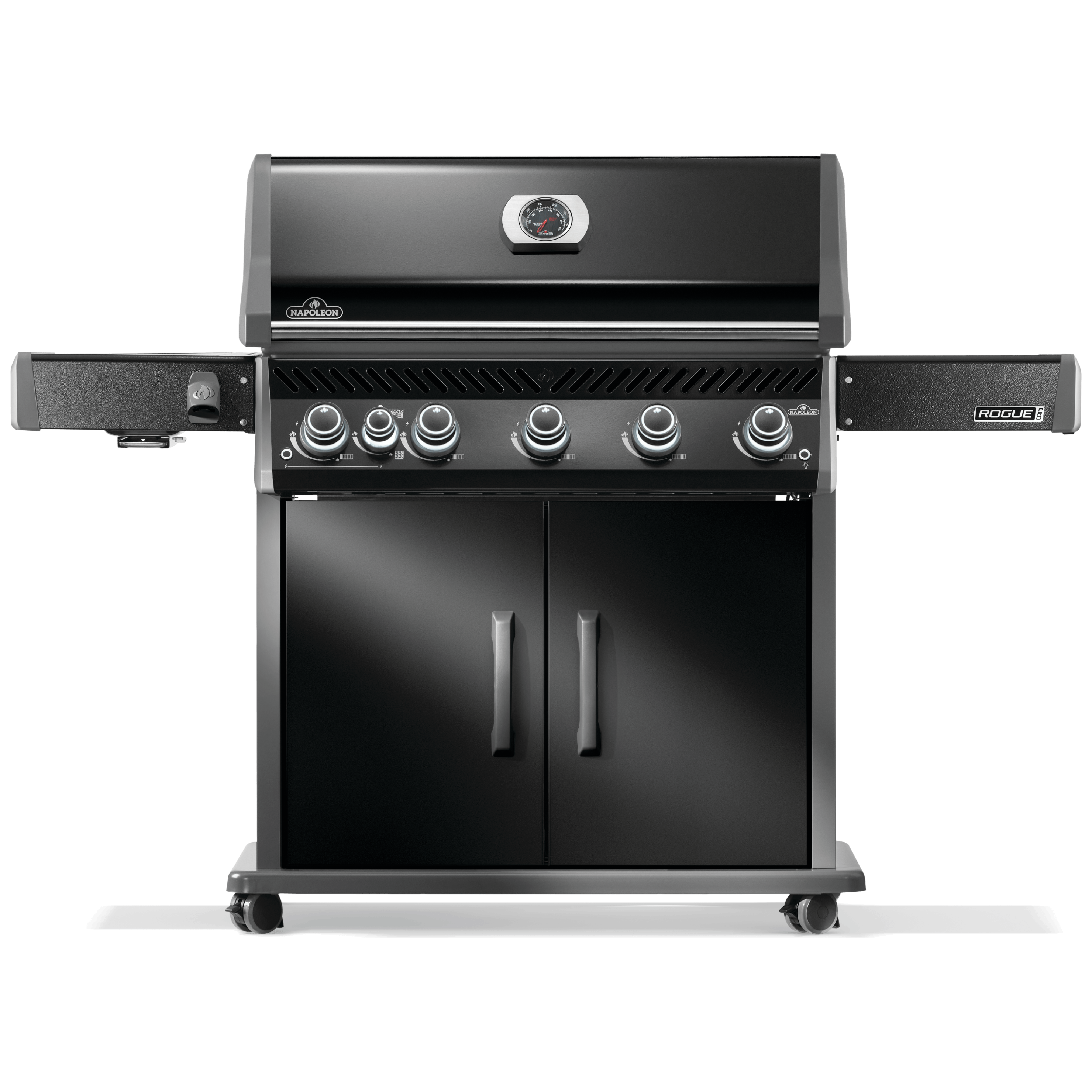 Napoleon Rogue PRO 625 grill in black with multiple burners, side shelves, and storage cabinet.