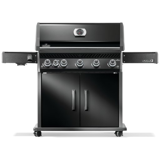 Napoleon Rogue PRO 625 grill in black with multiple burners, side shelves, and storage cabinet.