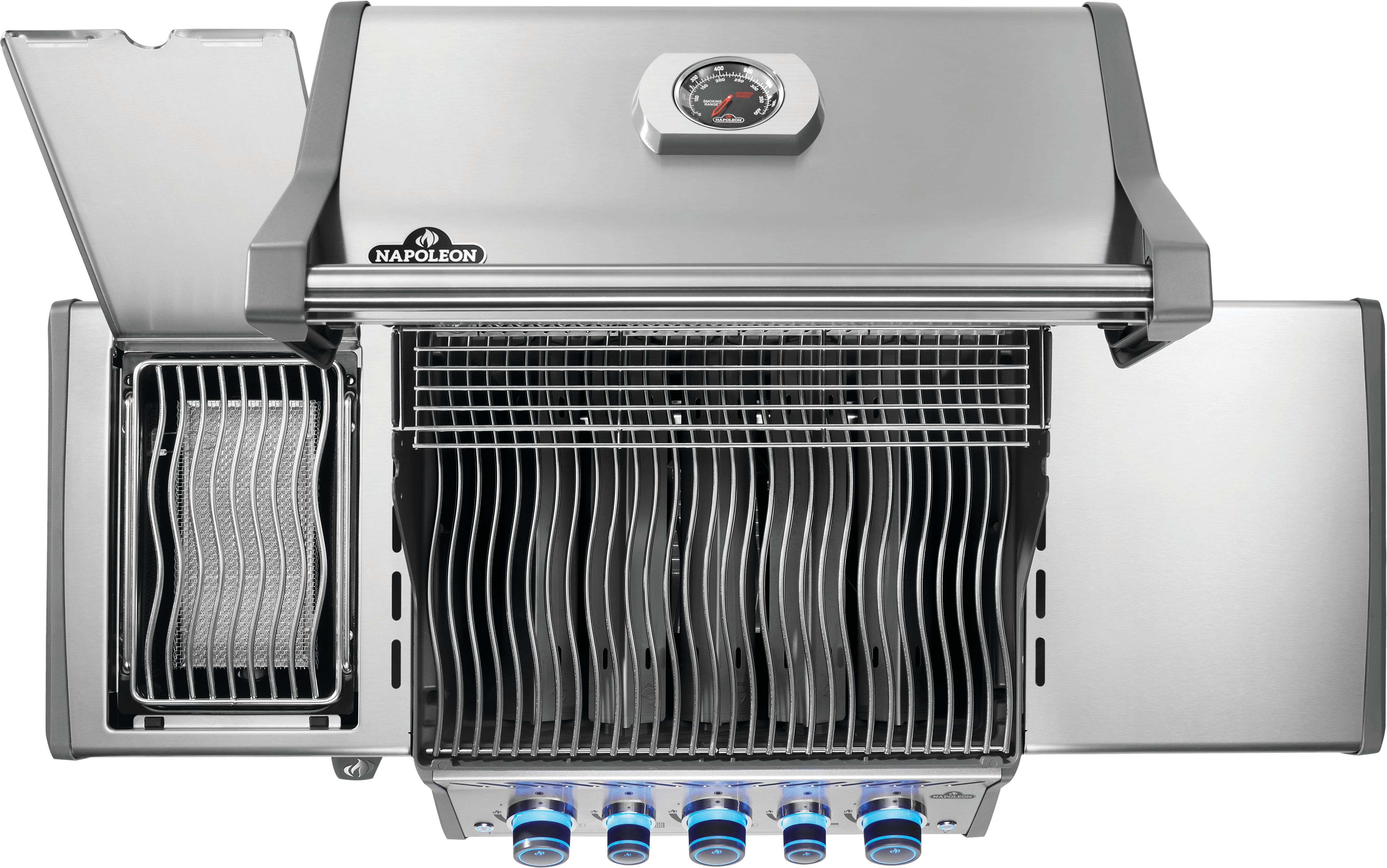 Napoleon Rogue PRO-S 425 grill with stainless steel finish and WAVE™ cooking grids for even heating.